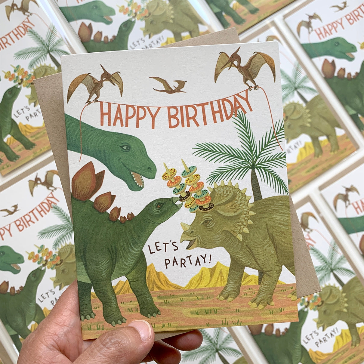 Brontosaurus, Stegosaurus, Triceratops Dinosaur Donut Party Birthday Card