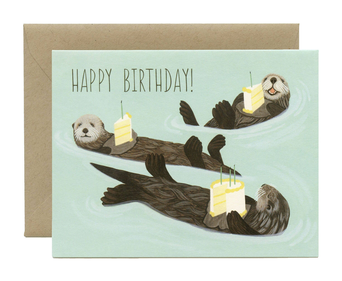 Sea Otters Holding Cake Birthday Card