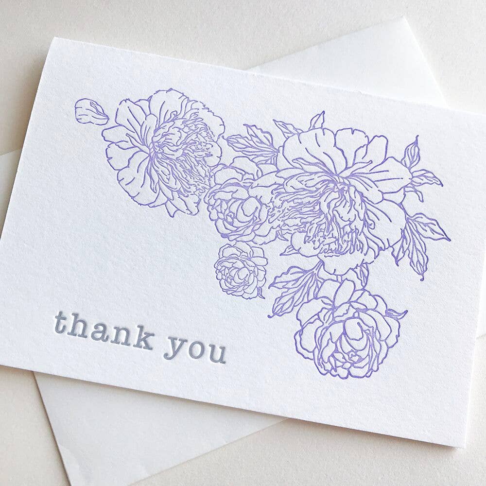 Lavender Peony Thanks - Letterpress Thank You Greeting Card: Single card