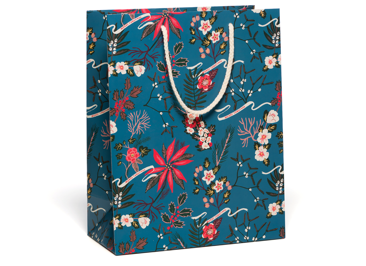 Blue Poinsettia Holiday Christmas Gift Bag