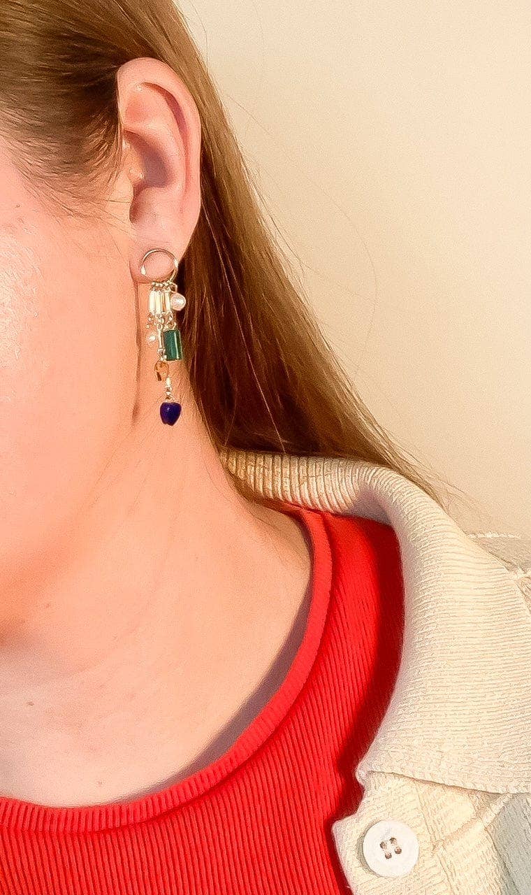 Charm Earrings in Malachite, Lapis, Pearl, and Vintage Glass: Gold Plated