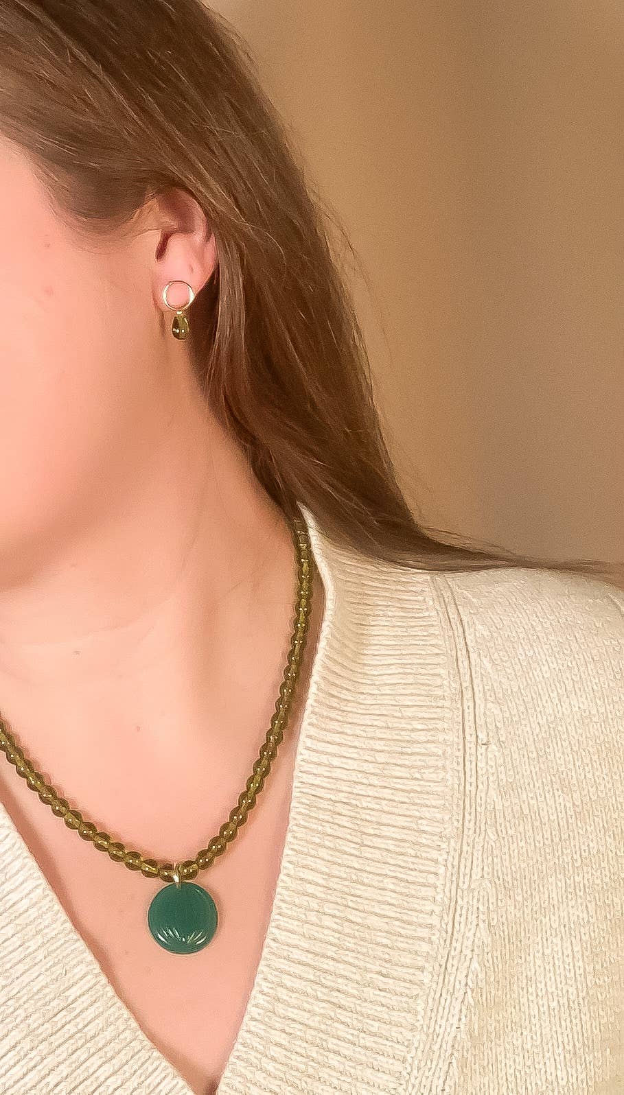 Olive Glass Teardrop Stud Earrings- Gold Fill