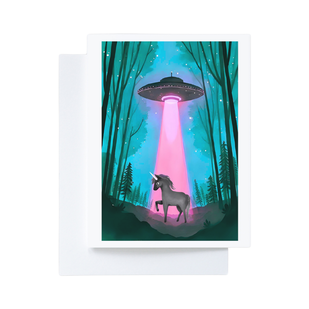 Black Unicorn Fantasy Neon Pink Alien UFO Friend Notecard