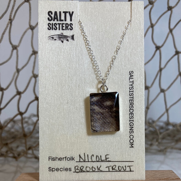 Short Rectangle Sterling Silver Cured Fish Skin Necklace