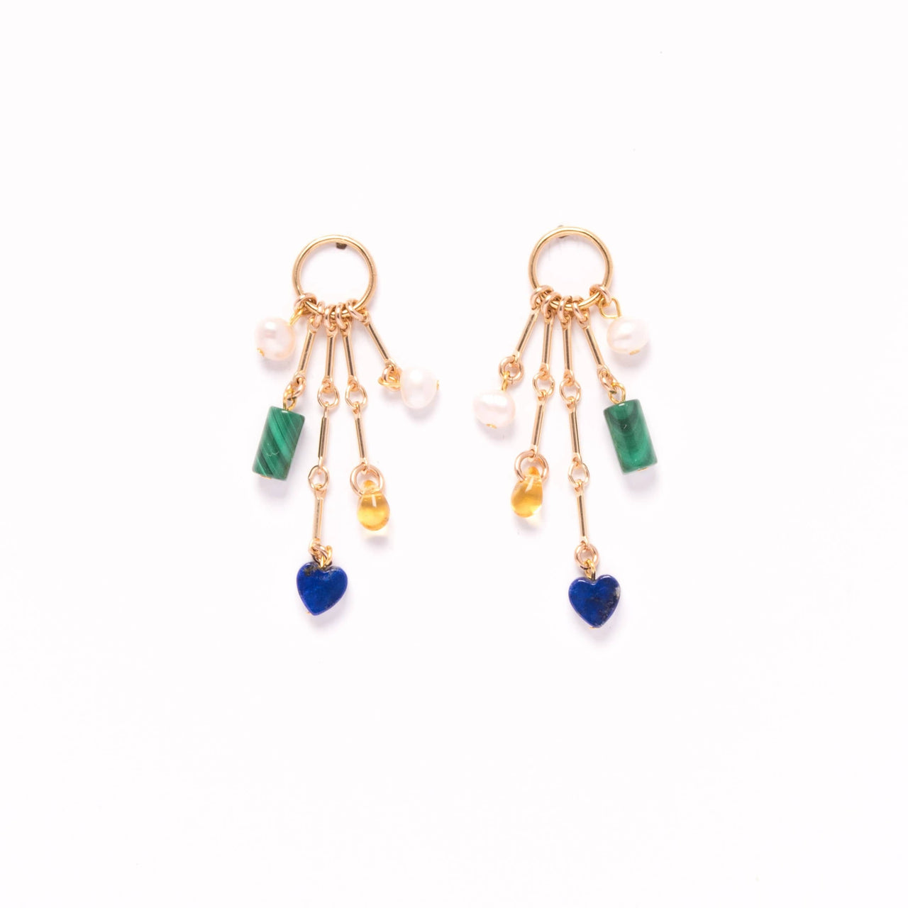 Charm Earrings in Malachite, Lapis, Pearl, and Vintage Glass: Gold Plated