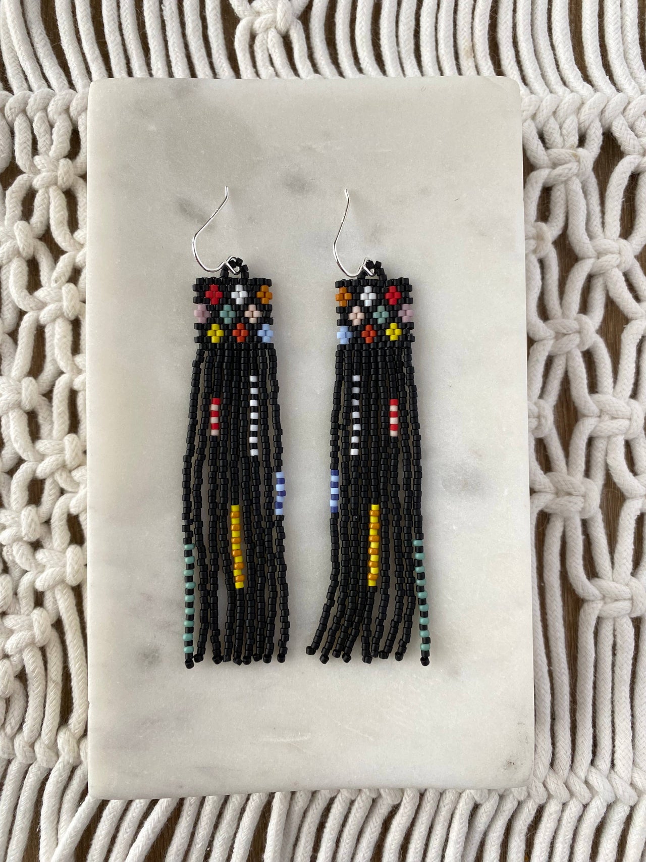 Granny Square Handwoven Beaded Earrings: Black / Silver