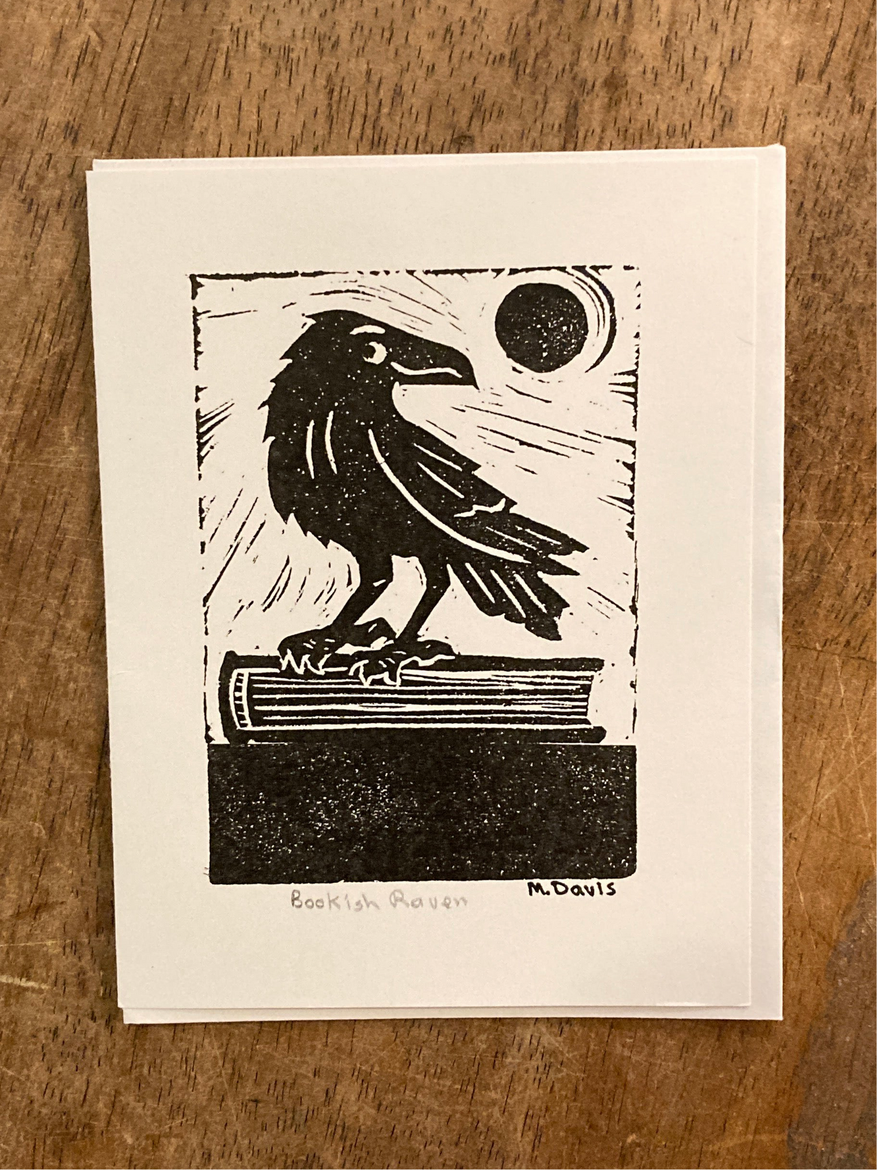 Bookish Raven Lino Cut Card
