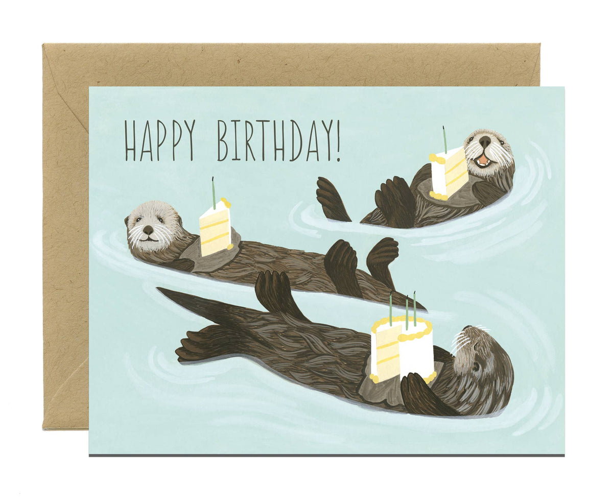 Sea Otters Holding Cake Birthday Card