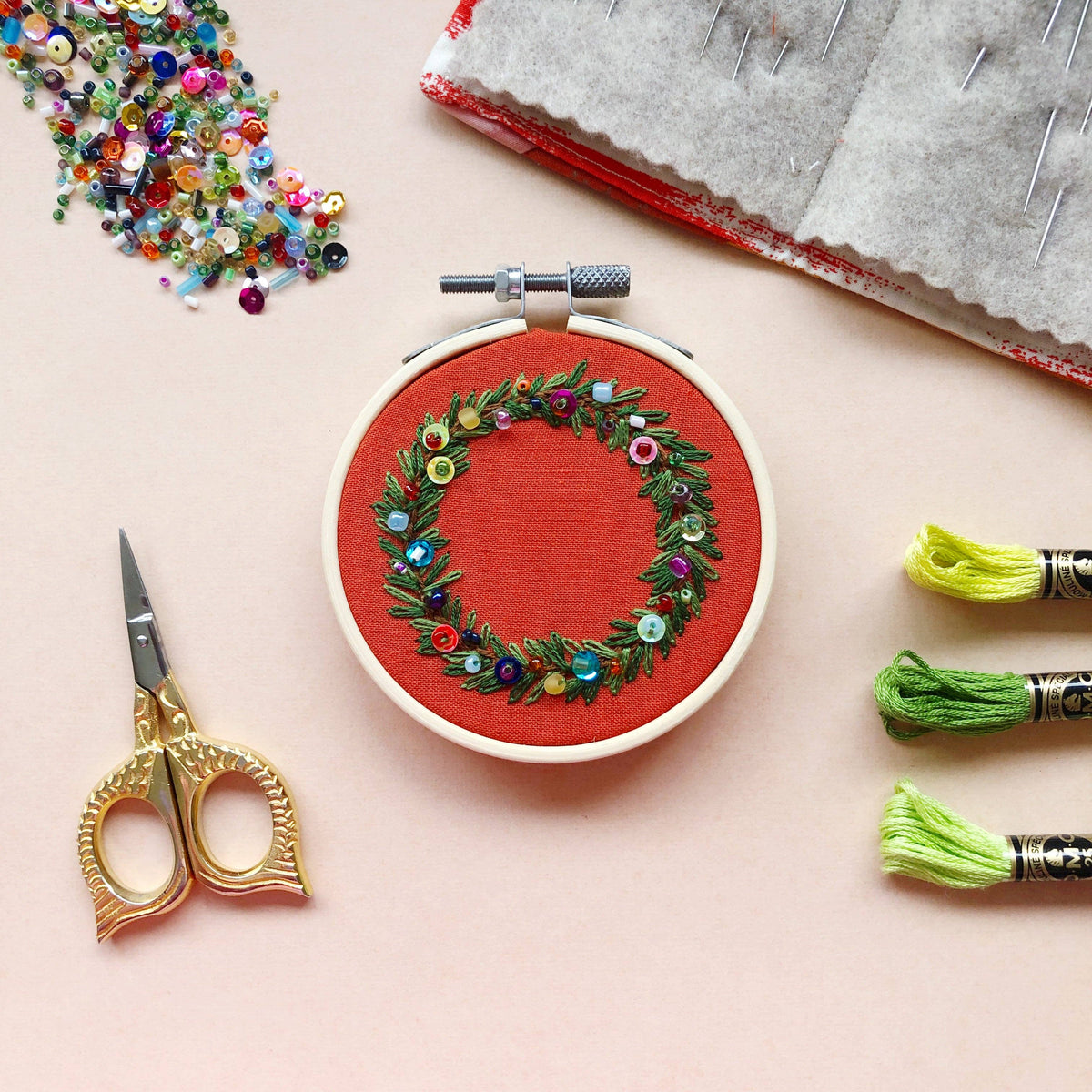 Holiday Wreath Ornament- DIY Beginner Hand Embroidery Craft Kit