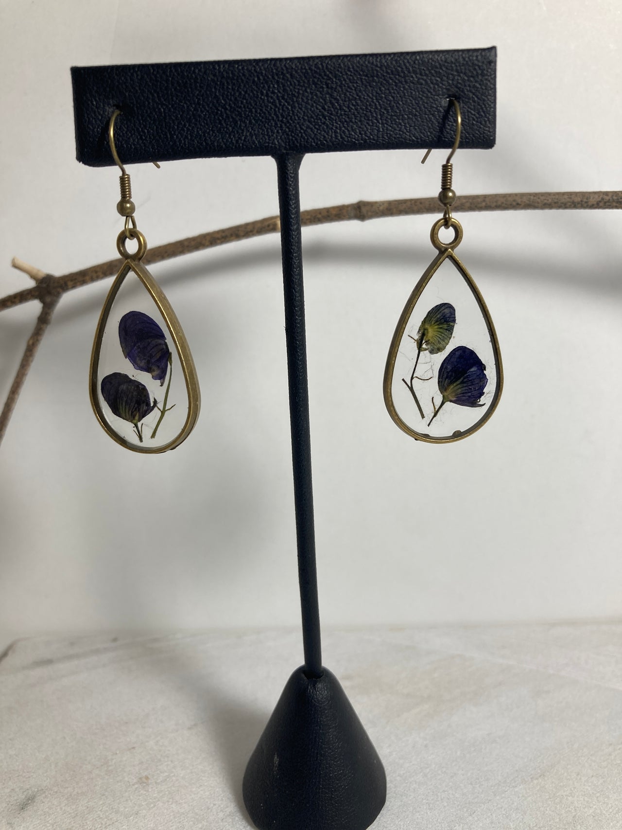 Monkshood Teardrop Pressed Flower Earrings