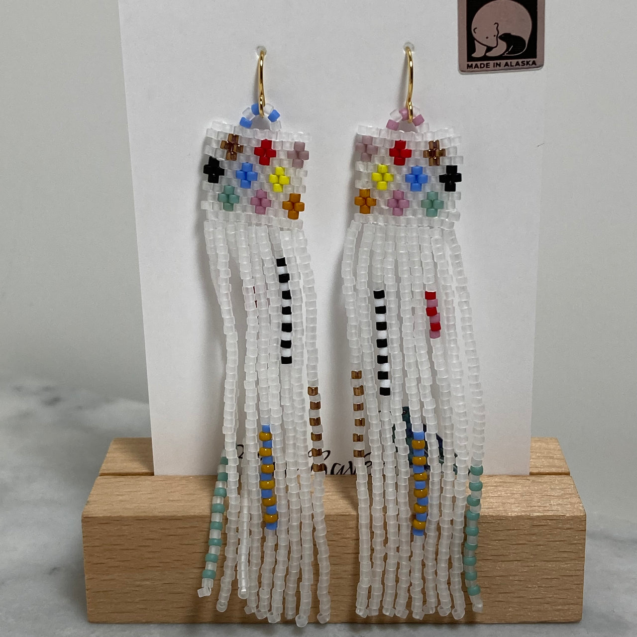 Granny Square Handwoven Beaded Earrings: Clear/Gold