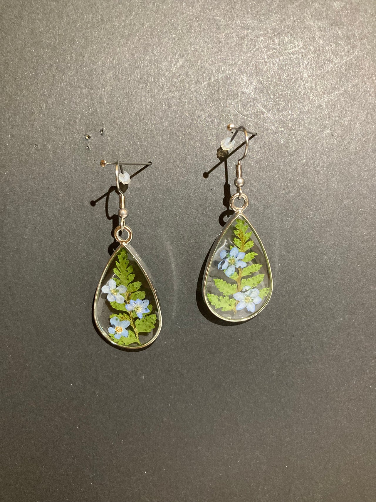 Forget Me Not and fern teardrop earrings