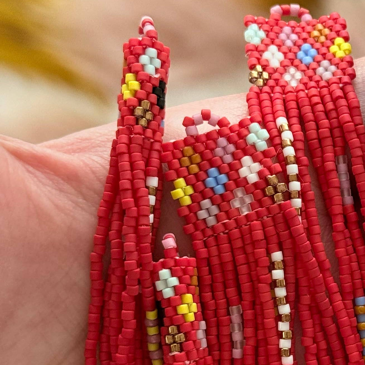 Granny Square Handwoven Beaded Earrings: Bright Red / Silver