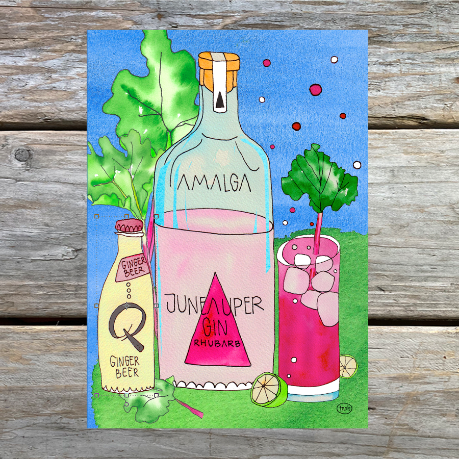 Rhubarb Mule Illustrated Recipe 5 x 7 Art Card
