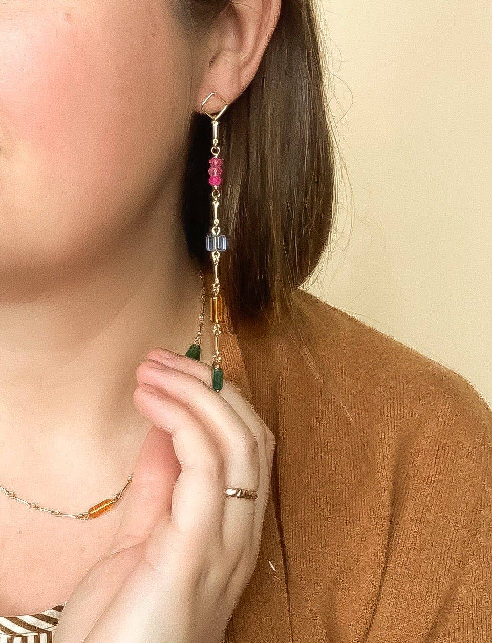 Minimal Charm Earrings- Pink Chalcedony, African Jade, Vintage Glass: Gold Plated