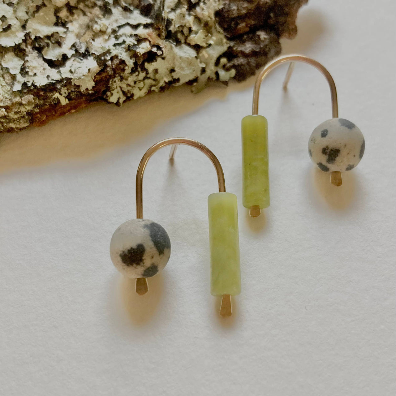 Balance Stud - Unique Asymmetrical Gemstone Earring: Moss / Gold Filled