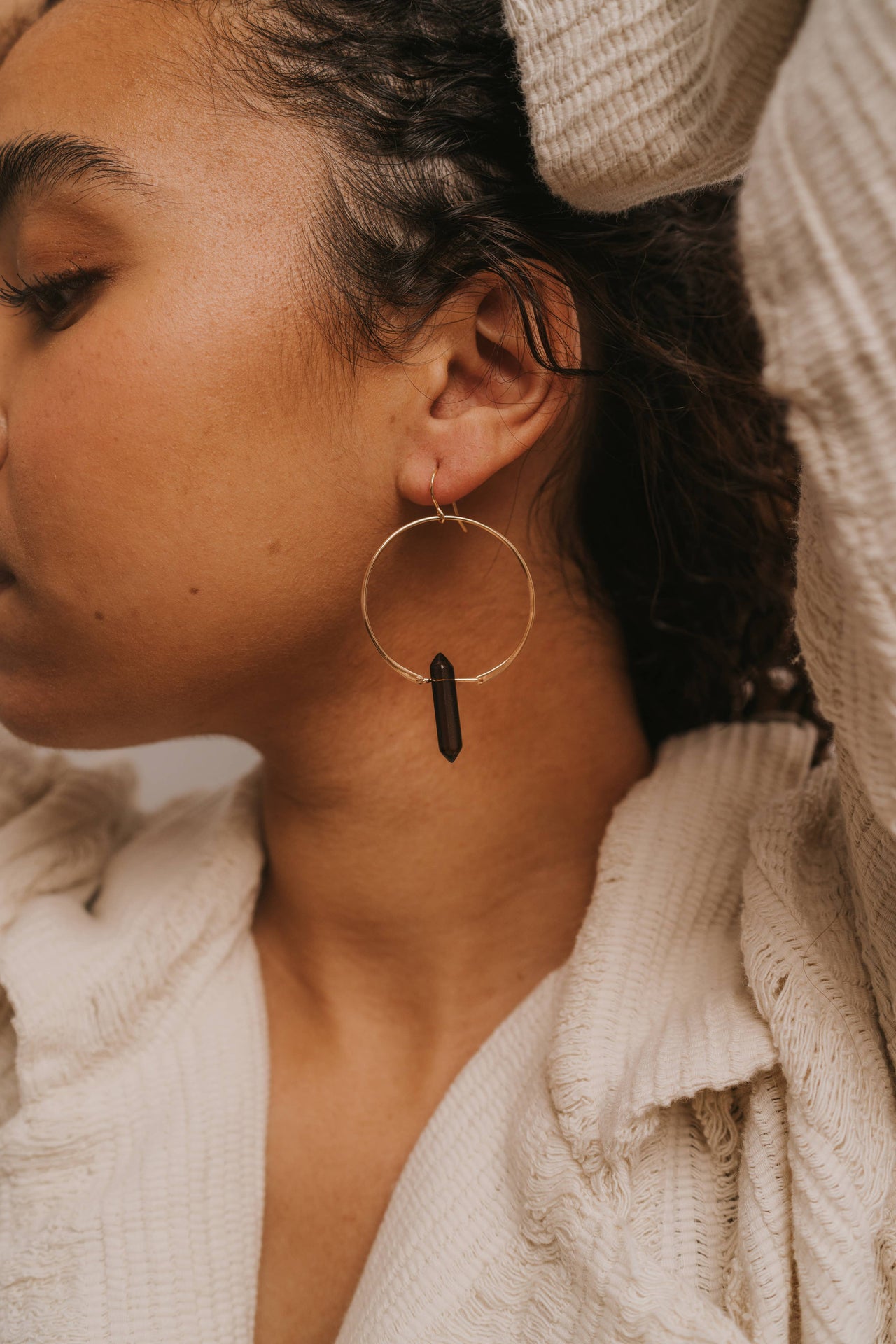 Smoky Quartz Gold Hoops Earrings