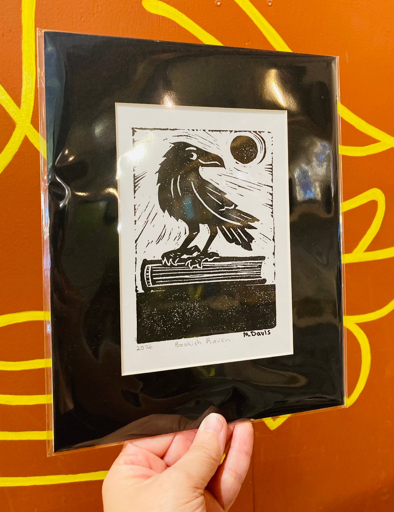Bookish Raven Lino Cut Print w/matte