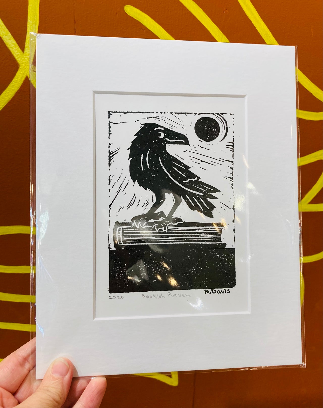 Bookish Raven Lino Cut Print w/matte
