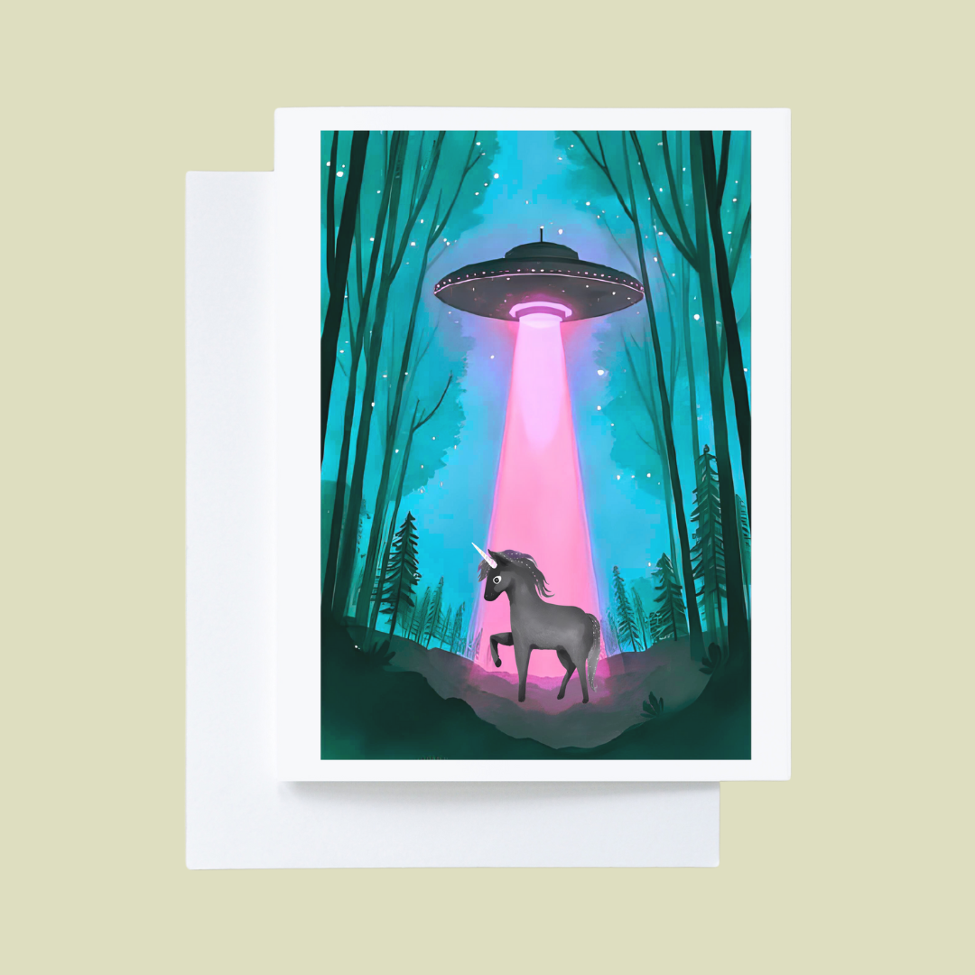 Black Unicorn Fantasy Neon Pink Alien UFO Friend Notecard