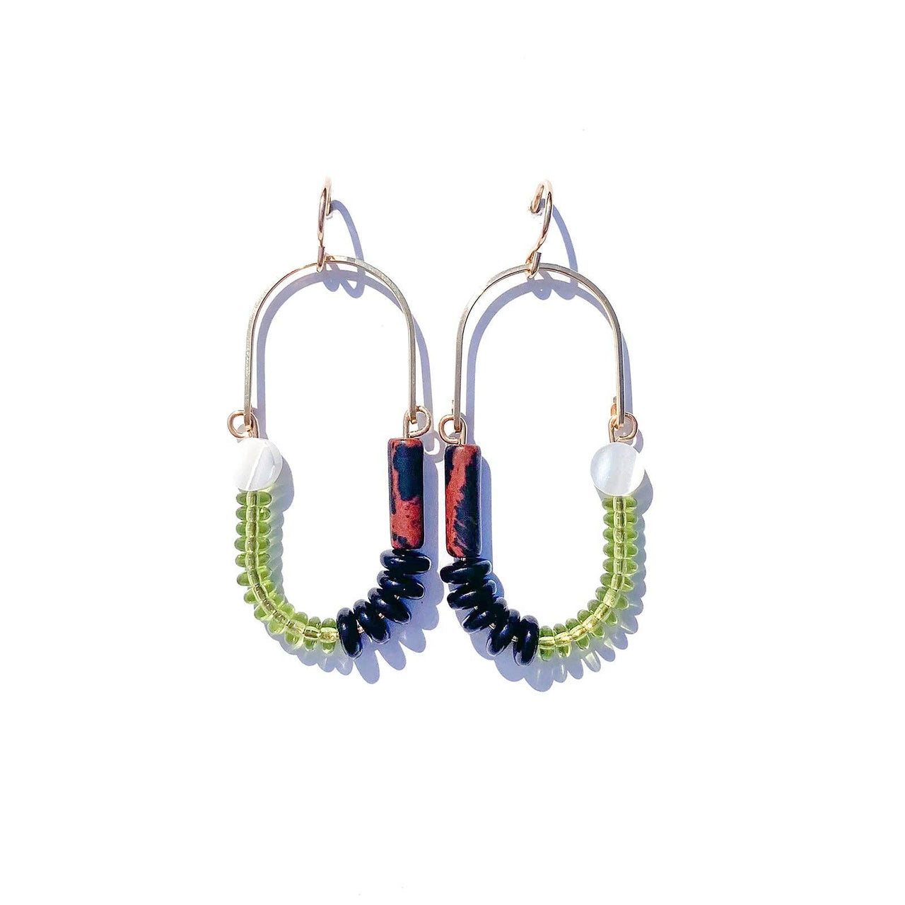 Mahogany Obsidian, Mother of Pearl, Olive, + Black Balance Earrings: Gold Fill