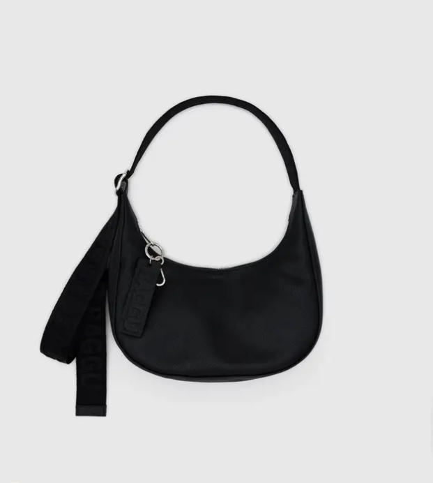 Small Recycled Leather Crescent Bag - Black
