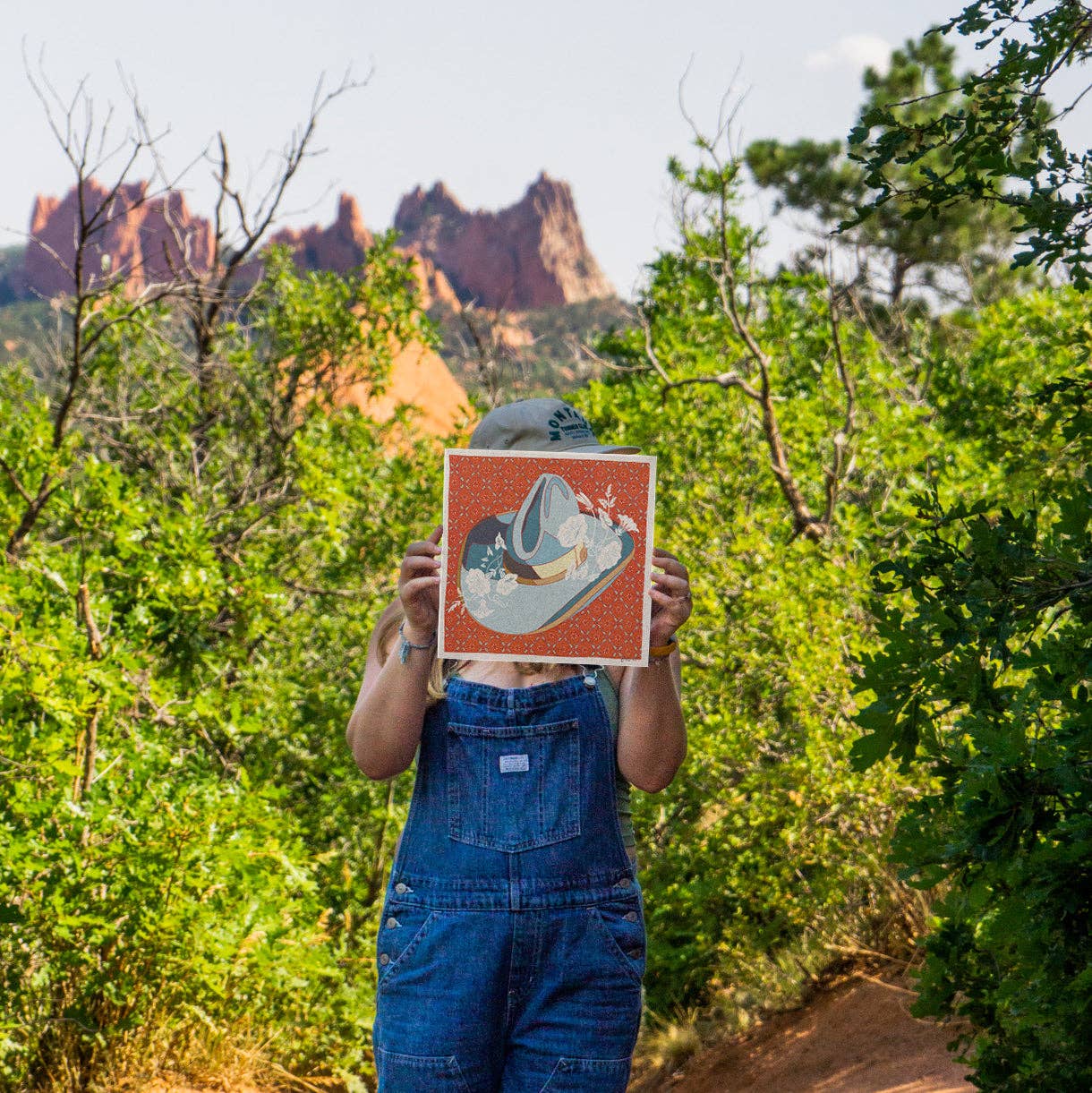Blue and Red Cowboy Hat Floral Art Print: 12"x12"
