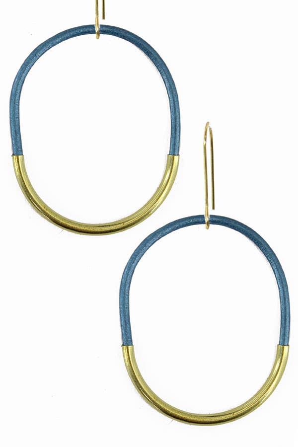 Leather Hoops Teal Metallic Earrings