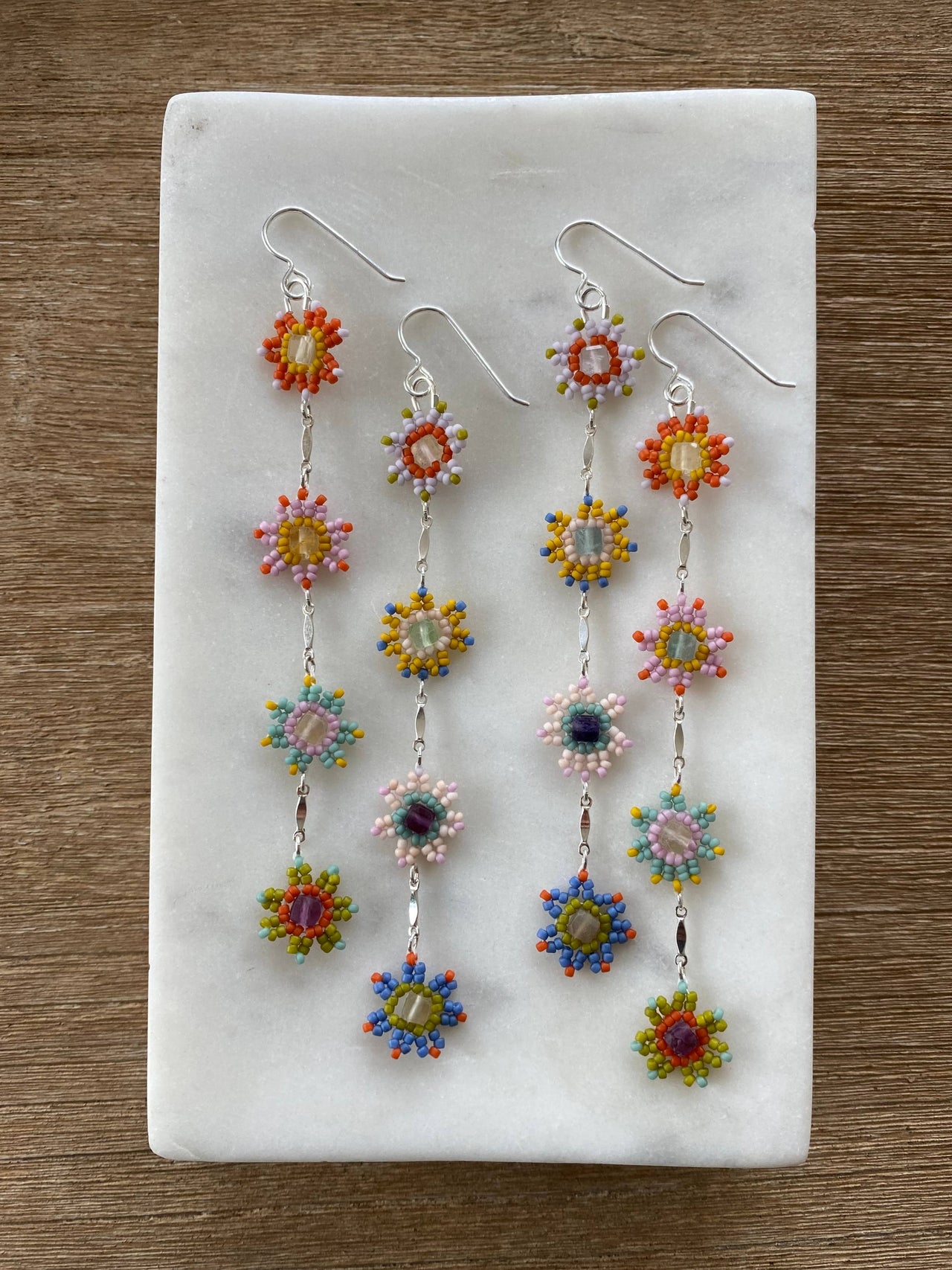 Daisy Chain Wildflower Beaded Earrings: Silver