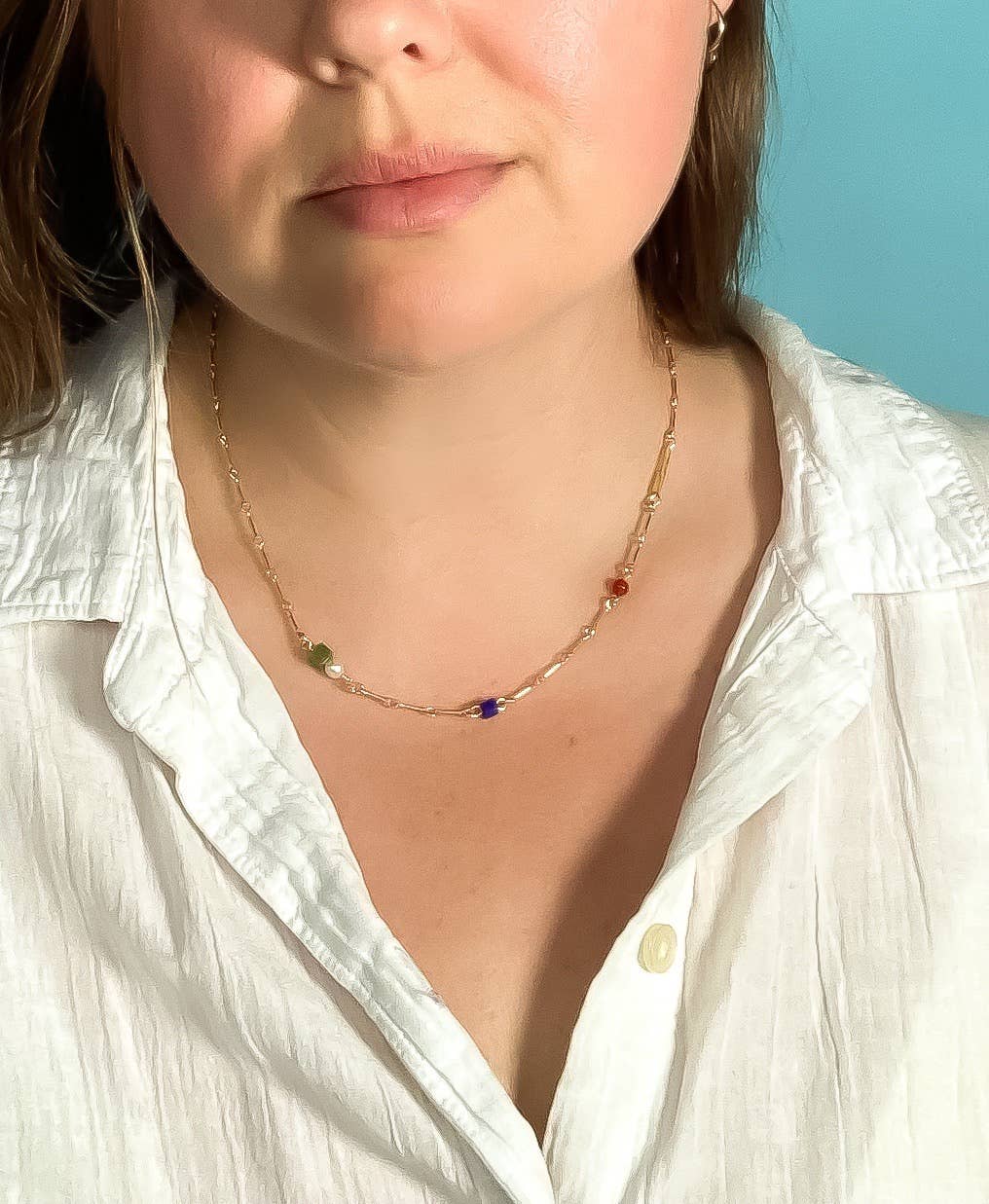 Minimal Charm Necklace- Jade, Pearl, Carnelian, Glass: Gold Plated