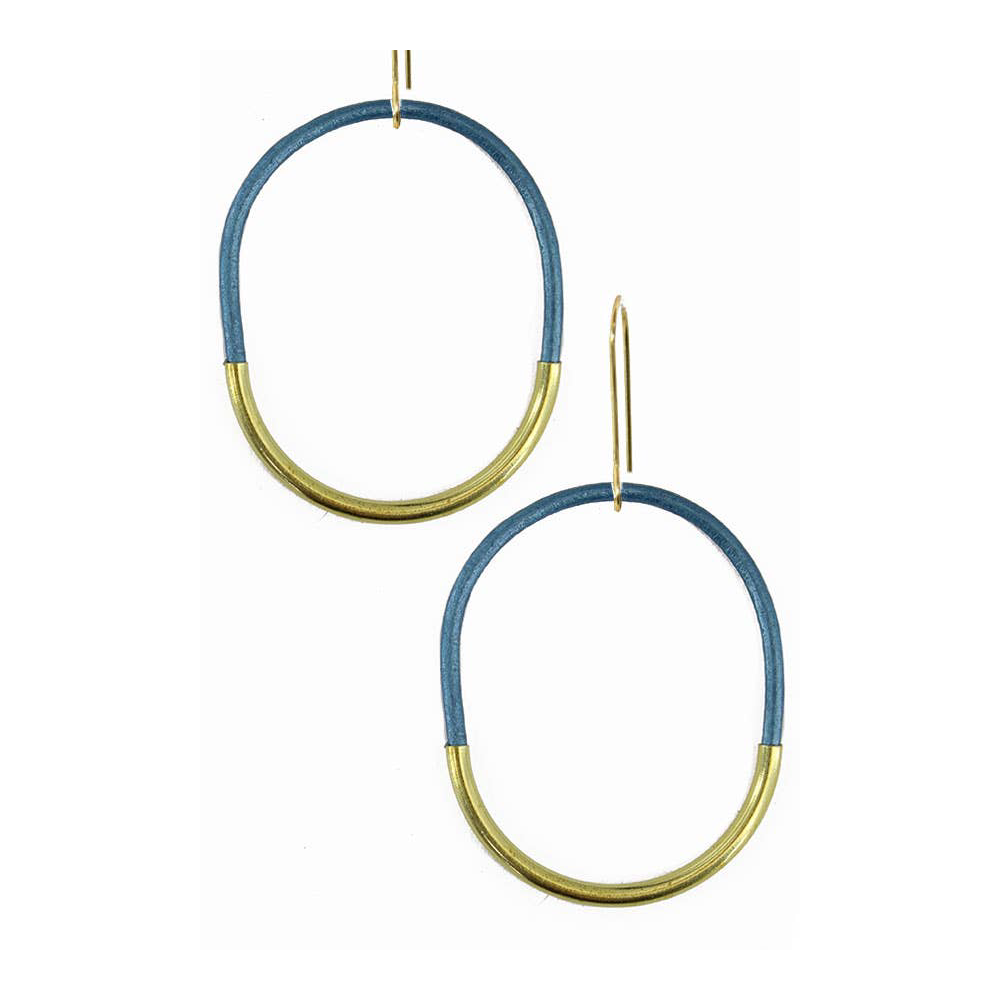 Leather Hoops Teal Metallic Earrings