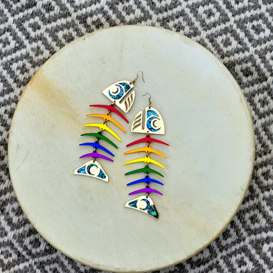 Large Salmon Ghost Earrings - Rainbow with Gold Head and Tail