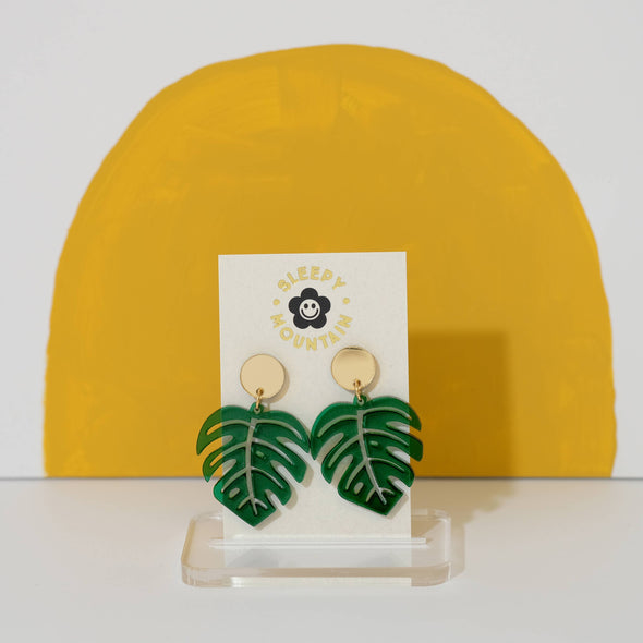 Monstera Leaf Earrings - Green Acrylic Dangles