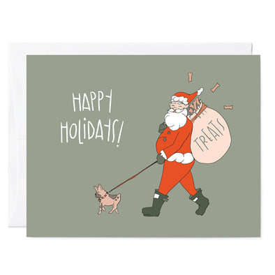 Santa Walking Frenchie Dog | Holiday Greeting Card