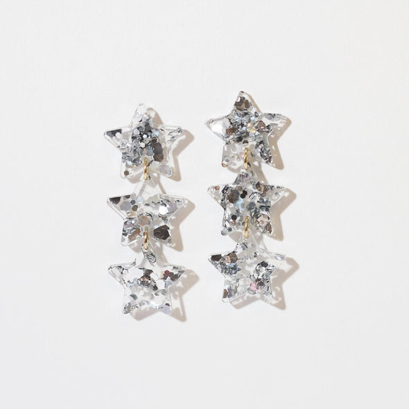 Star Chain Dangle Earrings - Silver Glitter