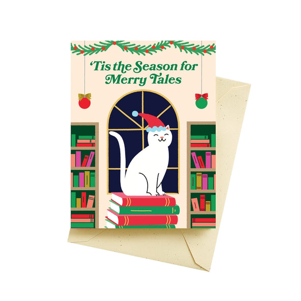 Book Stack Cat Holiday Card
