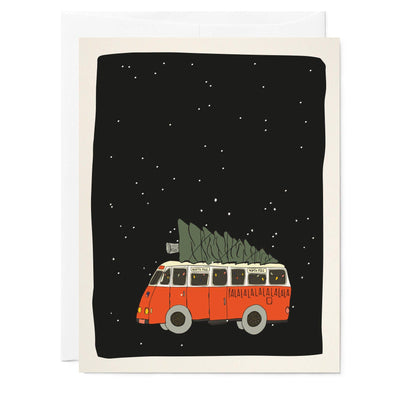 Red Camper Van and Christmas Tree | Holiday Greeting Card