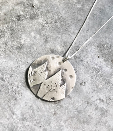 Hand Cut Sterling Silver Mountain Scene Necklace