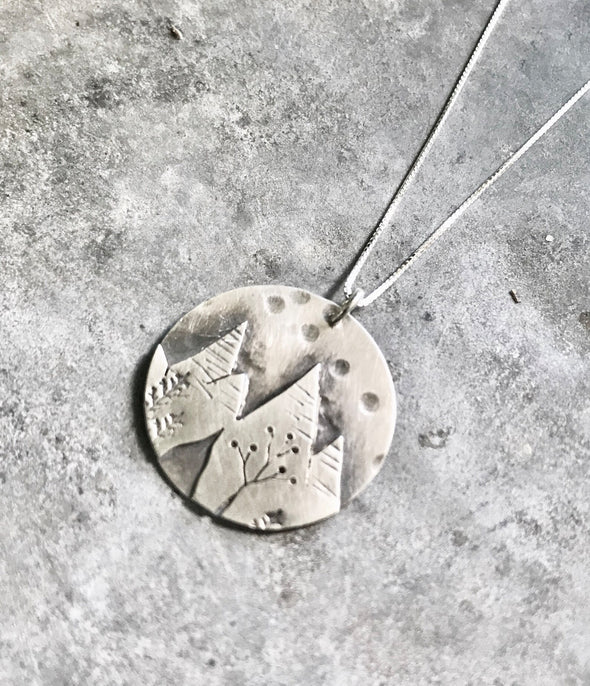 Hand Cut Sterling Silver Mountain Scene Necklace